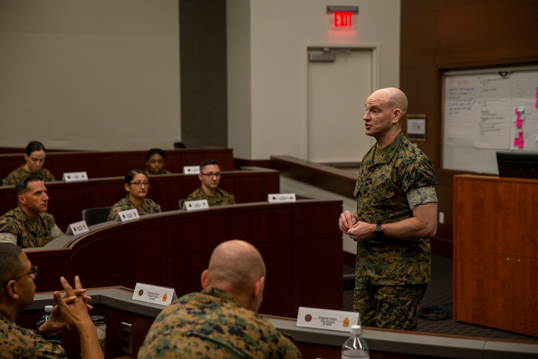 U.S. Marine Corps Sgt. Maj. Troy E. Black, the 19th Sergeant Major of the Marine Corps, a native of Louisville, Kentucky, gives his opening remarks during the 2022 Warfighter Development Summit at Warner Hall on Marine Corps Base Quantico, Va., April 27. The purpose of the Warfighter Development Summit is to gather feedback through shared experiences, collect data, and to develop a deep understanding of the issues affecting Marines in relation to these topics. The Warfighter Development Summit focuses on the Marines and their families.