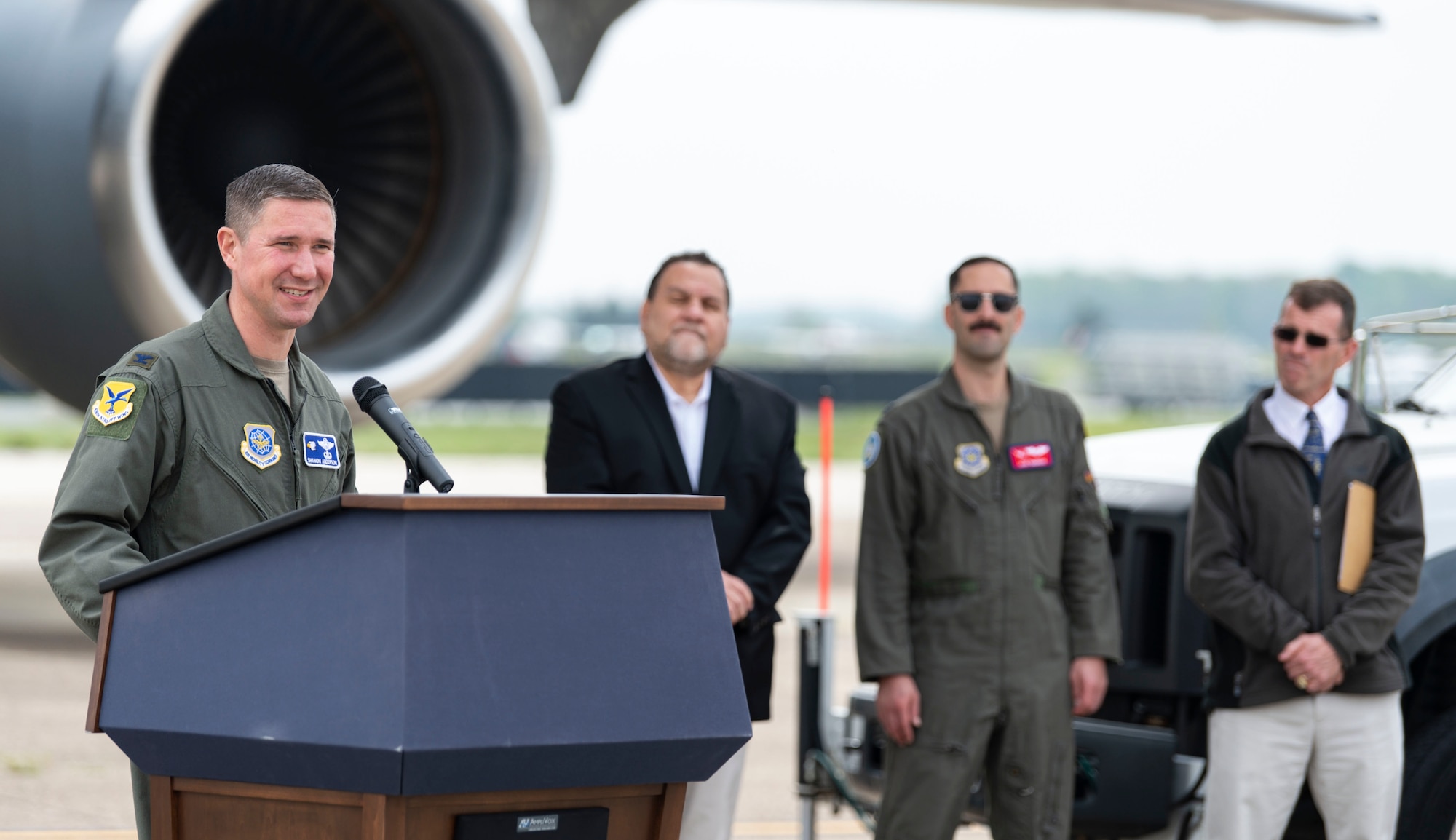 Col. Shanon Anderson, 436th Airlift Wing vice commander, speaks to attendees after the arrival of a KC-10A Extender at the Air Mobility Command Museum on Dover Air Force Base, Delaware, April 26, 2022. Anderson logged his first and 104th combat mission on this exact aircraft. The aircraft was retired to Dover AFB from Joint Base McGuire-Dix-Lakehurst, New Jersey, to become the 36th addition to the AMC Museum. (U.S. Air Force photo by Roland Balik)