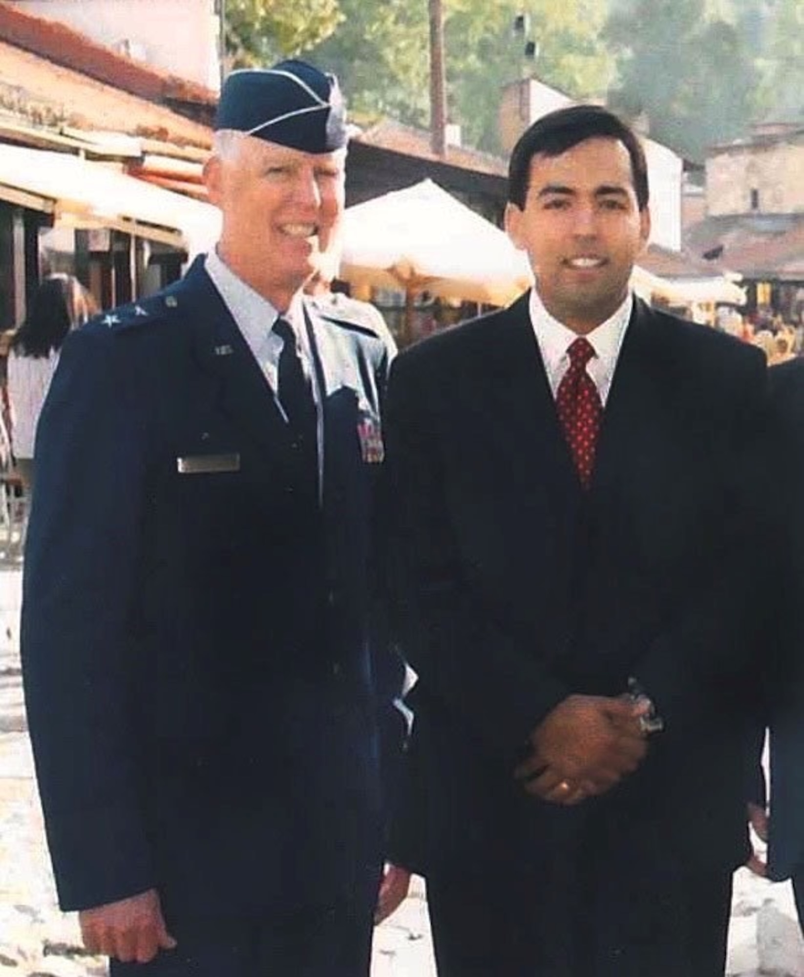 U.S. Air Force Maj. Gen. Bruce Tuxill, adjutant general for Maryland, poses for a photograph with Mr. Victor Macias, Maryland National Guard legislative liaison. (Courtesy photograph)