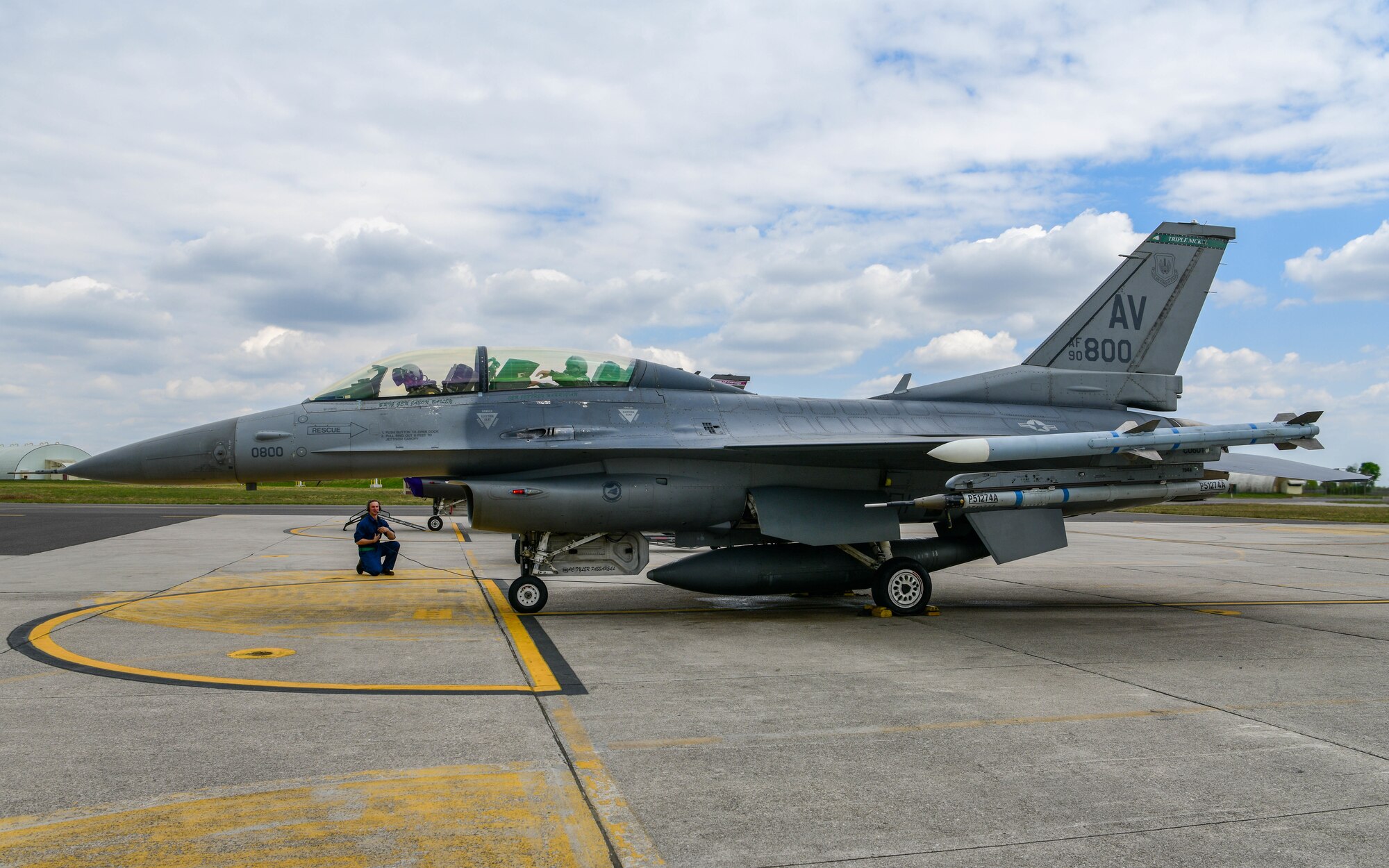 U.S. Air Force Brig. Gen. Jason Bailey, 31st Fighter Wing
commander, left, flies with U.S. Air Force Gen. Jeffrey Harrigian, U.S. Air Forces in Europe and Air Forces Africa commander, during his final flight in an F-16 Fighting Falcon during a visit at Aviano Air Base, Italy, April 20, 2022. While visiting Aviano AB, Harrigian completed his final flight in an F-16 Fighting Falcon, toured the 606th Air Control Squadron and performed two static jumps with Pararescuemen from the 57th Rescue Squadron. (U.S. Air Force photo by Senior Airman Brooke Moeder)