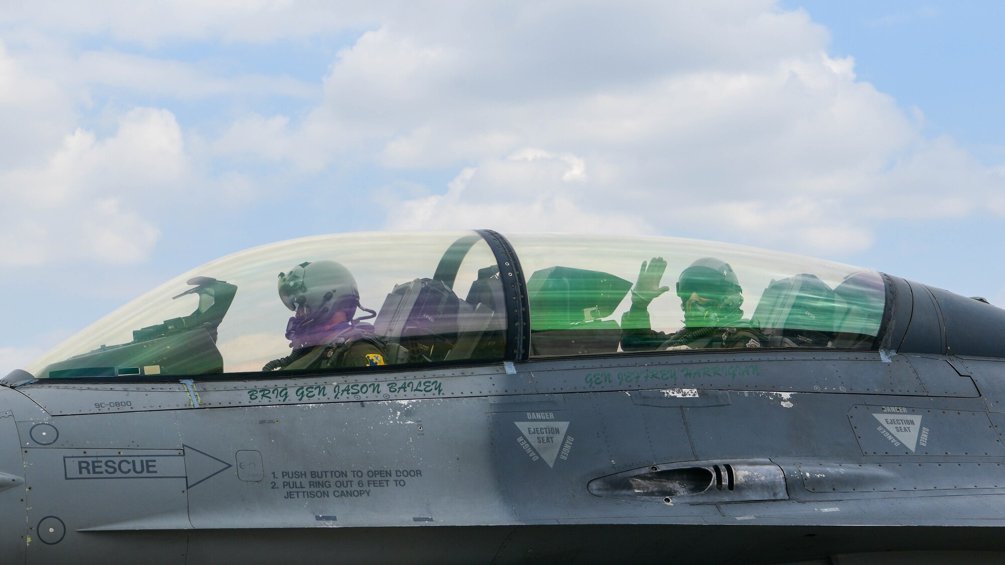 U.S. Air Force Brig. Gen. Jason Bailey, 31st Fighter Wing commander, left, flies with U.S. Air Force Gen. Jeffrey Harrigian, U.S. Air Forces in Europe and Air Forces Africa commander, during his final flight in an F-16 Fighting Falcon during a visit at Aviano Air Base, Italy, April 20, 2022. Harrigian is a command pilot with more than 4,100 hours in the F-22, F-15C, A/OA-37 and MQ-1 aircraft. (U.S. Air Force photo by Senior Airman Brooke Moeder)