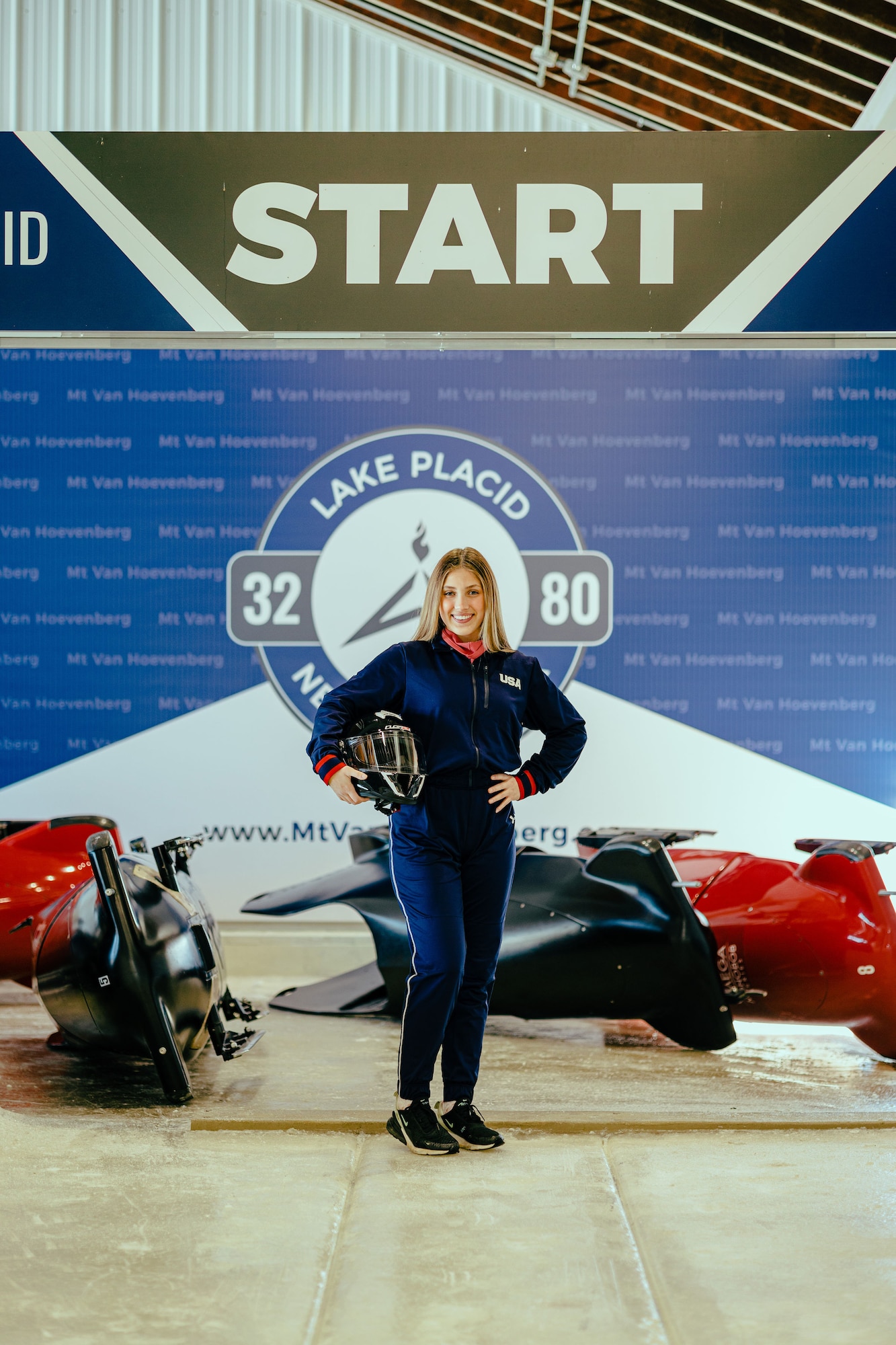 Emily Bradley pictured at Lake Placid, New York during the International Bobsleigh and Skeleton Federation Development Camp in March 2022. The black monobob is her personal sled she trains with during the runs down the track. This IBSF camp visit was her first.