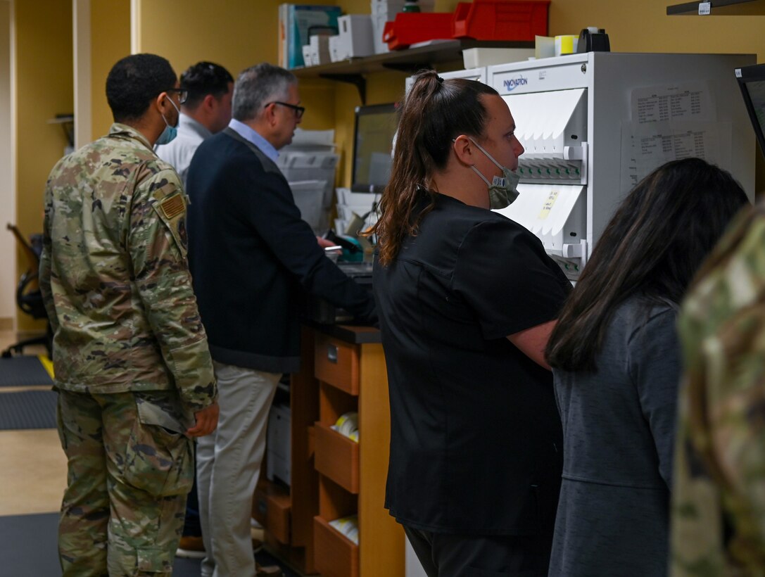 The 30th Medical Group Diagnostic and Therapeutics Flight works together in the pharmacy at Vandenberg Space Force Base, Calif., April 13, 2022. The pharmacist and pharmacy technicians ensured that the correct prescriptions were being appropriately labeled. (U.S. Space Force photo by Airman 1st Class Tiarra Sibley)