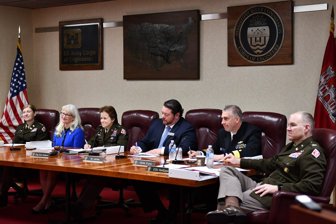 The Mississippi River Commission listens to testimony at the public hearing in Greenville, Mississippi during the 2022 high-water inspection trip.