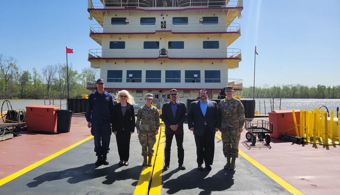 The Mississippi River Commission and Assistant Secretary of the Army for Civil Works Michael Connor aboard the Motor Vessel Mississippi in Baton Rouge, Louisiana, the last stop of the 2022 high-water inspection trip.