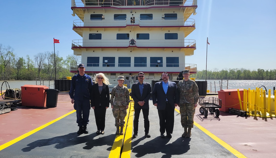 The Mississippi River Commission and Assistant Secretary of the Army for Civil Works Michael Connor aboard the Motor Vessel Mississippi in Baton Rouge, Louisiana, the last stop of the 2022 high-water inspection trip.