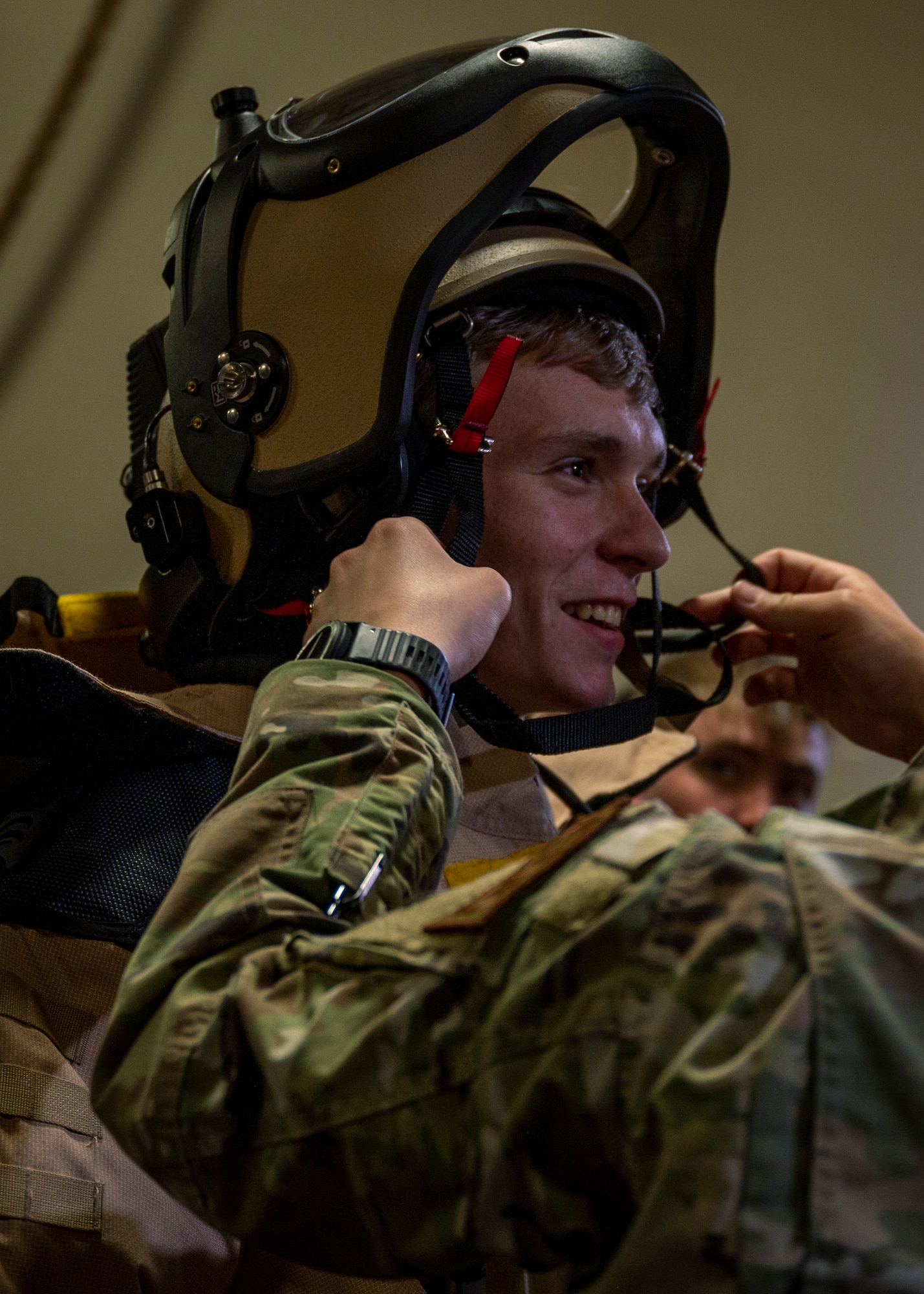 Dennis Alexander, North Carolina Agricultural and Technical State University Det. 605 Air Force ROTC cadet, tries on a bomb suit during field day training at Seymour Johnson Air Force Base, North Carolina, April 21, 2022.