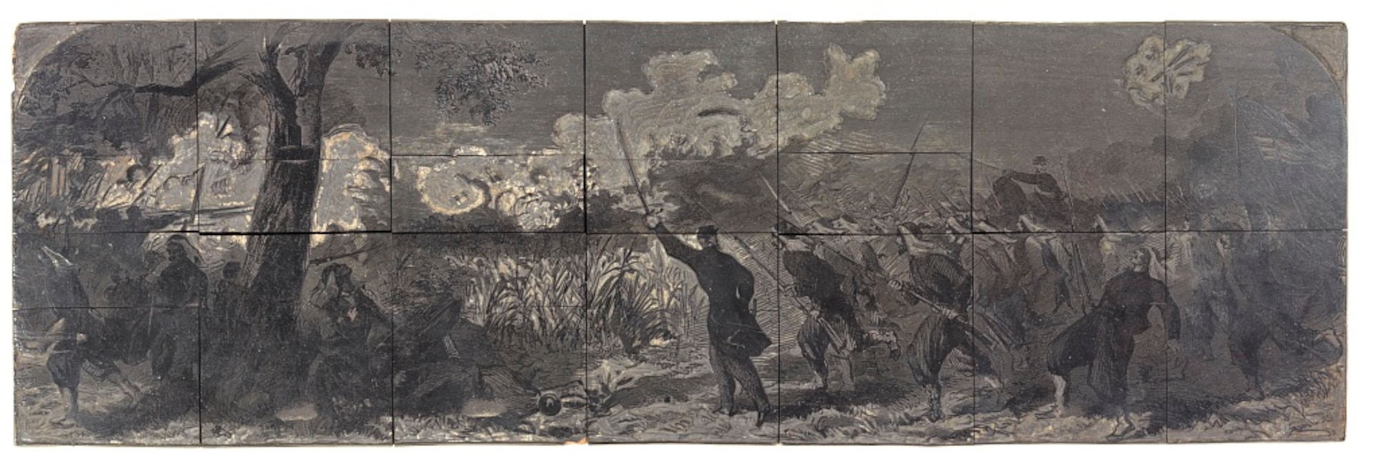 Wood block carving of the Battle of Big Bethel, capturing Duryee's Zouaves, the Fifth New York Regiment, during their final charge into battle. (Courtesy Photo)