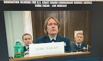 The US Coast Guard Makes History! 
Adm. Linda Fagan presents to the Senate Committee on Commerce, Science and Transportation during her Confirmation Hearing, on Thursday, 28 April. The first time in US history a woman sits in nomination to lead a US Military Service.