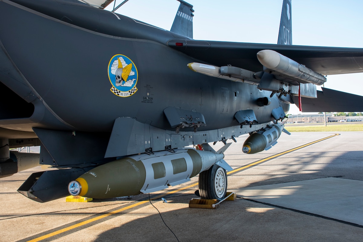 The Air Force Research Laboratory partnered with the 780th Test Squadron of the 96th Test Wing and the 85th Test and Evaluation Squadron of the 53rd Wing to equip the F-15E Strike Eagle at Eglin Air Force Base, Fla., with modified 2,000-pound GBU-31 Joint Direct Attack Munitions as part of the second test in the QUICKSINK Joint Capability Technology Demonstration. Eglin’s Integrated Test Team demonstrated QUICKSINK, a new low-cost, air-delivered capability for defeating maritime threats April 28, 2022, successfully destroying a full-scale surface vessel in the Gulf of Mexico. (U.S. Air Force photo / 1st Lt Lindsey Heflin)
