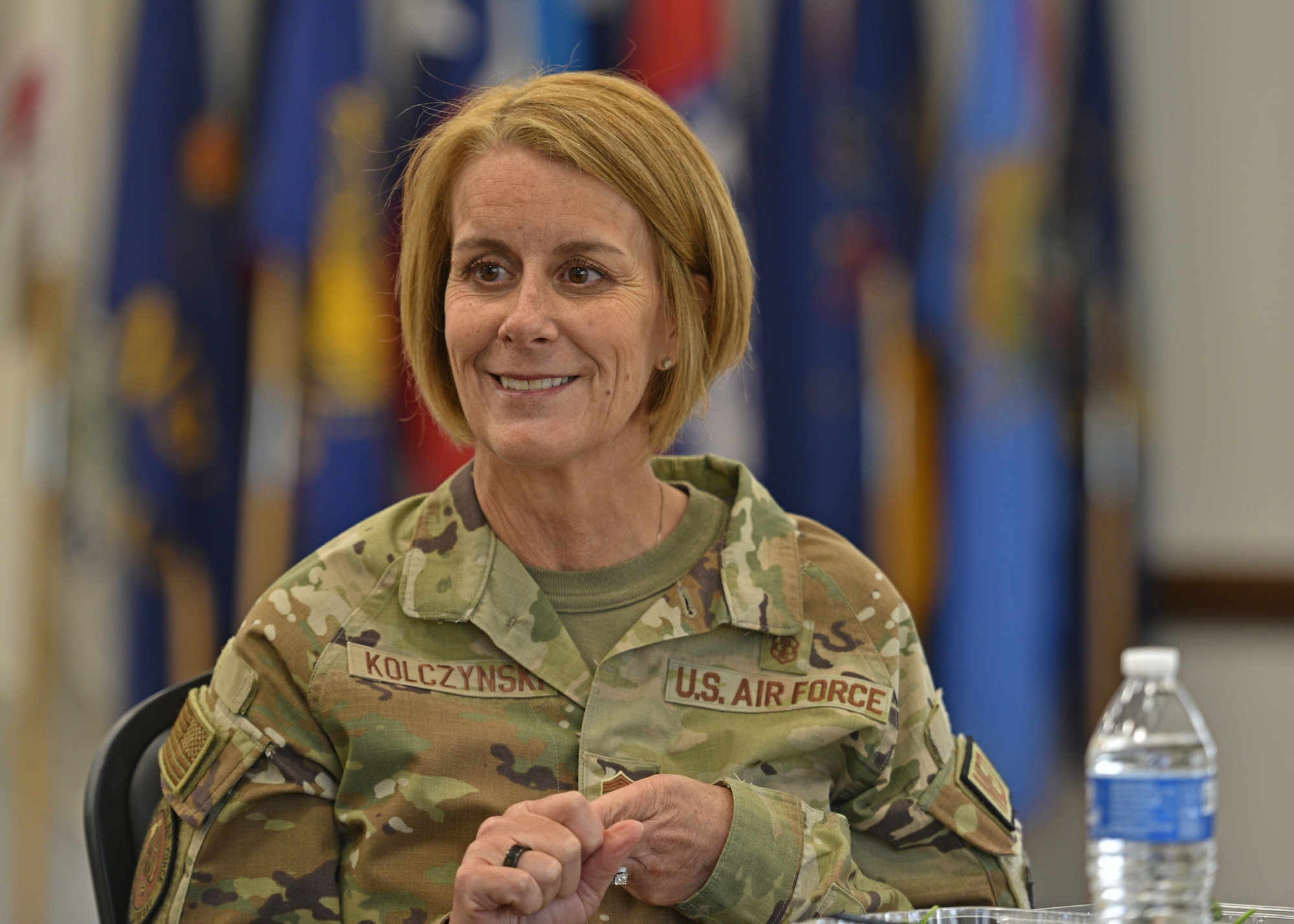 U.S. Air Force Chief Master Sgt. Dawn Kolczynski, Chief, Medical Enlisted Force and Enlisted Corps Chief, speaks during a luncheon at Goodfellow Air Force Base, Texas, April 26, 2022. Kolczynski met with Airmen from the 17th Medical Group to have an open conversation about how medical facilities are operating following the pandemic. (U.S. Air Force photo by Senior Airman Ashley Thrash)