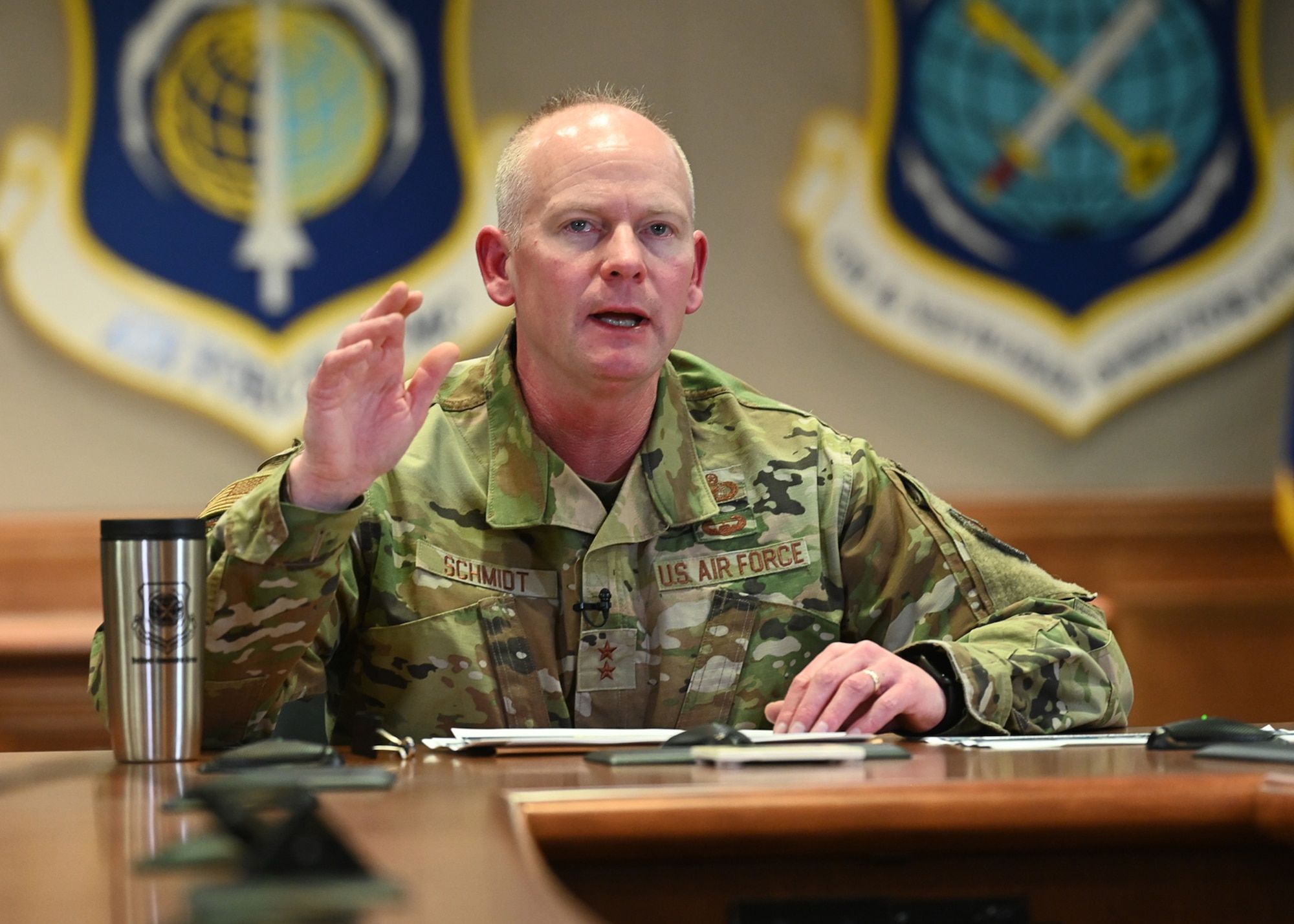 Maj. Gen. Michael Schmidt, program executive officer, Command, Control, Communications, Intelligence and Networks, provides program updates April 12 during the second week of the Lexington-Concord chapter of AFCEA’s New Horizons 2022. Schmidt, along with his senior materiel leaders, also discussed business opportunities, the Advanced Battle Management System, the Secretary of the Air Force’s operational imperatives, and a number of other topics. (U.S. Air Force photo by Todd Maki)