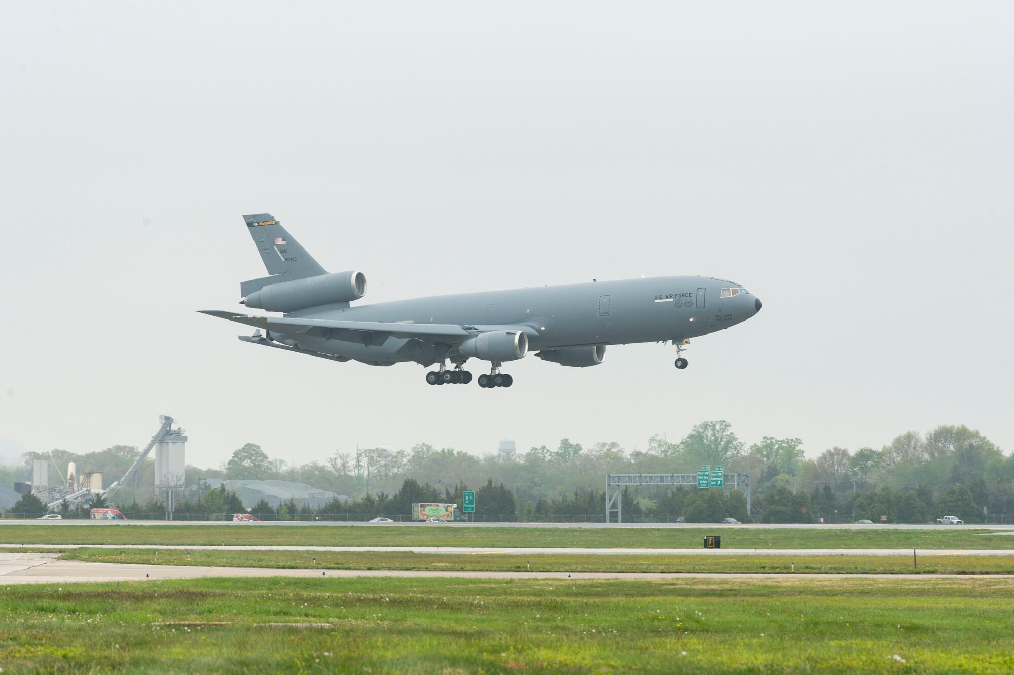 KC-10A Extender, tail number 79-0433, prepares to land at Dover Air Force Base, Delaware, April 26, 2022. This particular aircraft was the first of 60 Extenders that entered the U.S. Air Force inventory. The aircraft was retired to Dover AFB from Joint Base McGuire-Dix-Lakehurst, New Jersey, to become the 36th addition to the Air Mobility Command Museum. (U.S. Air Force photo by Roland Balik)