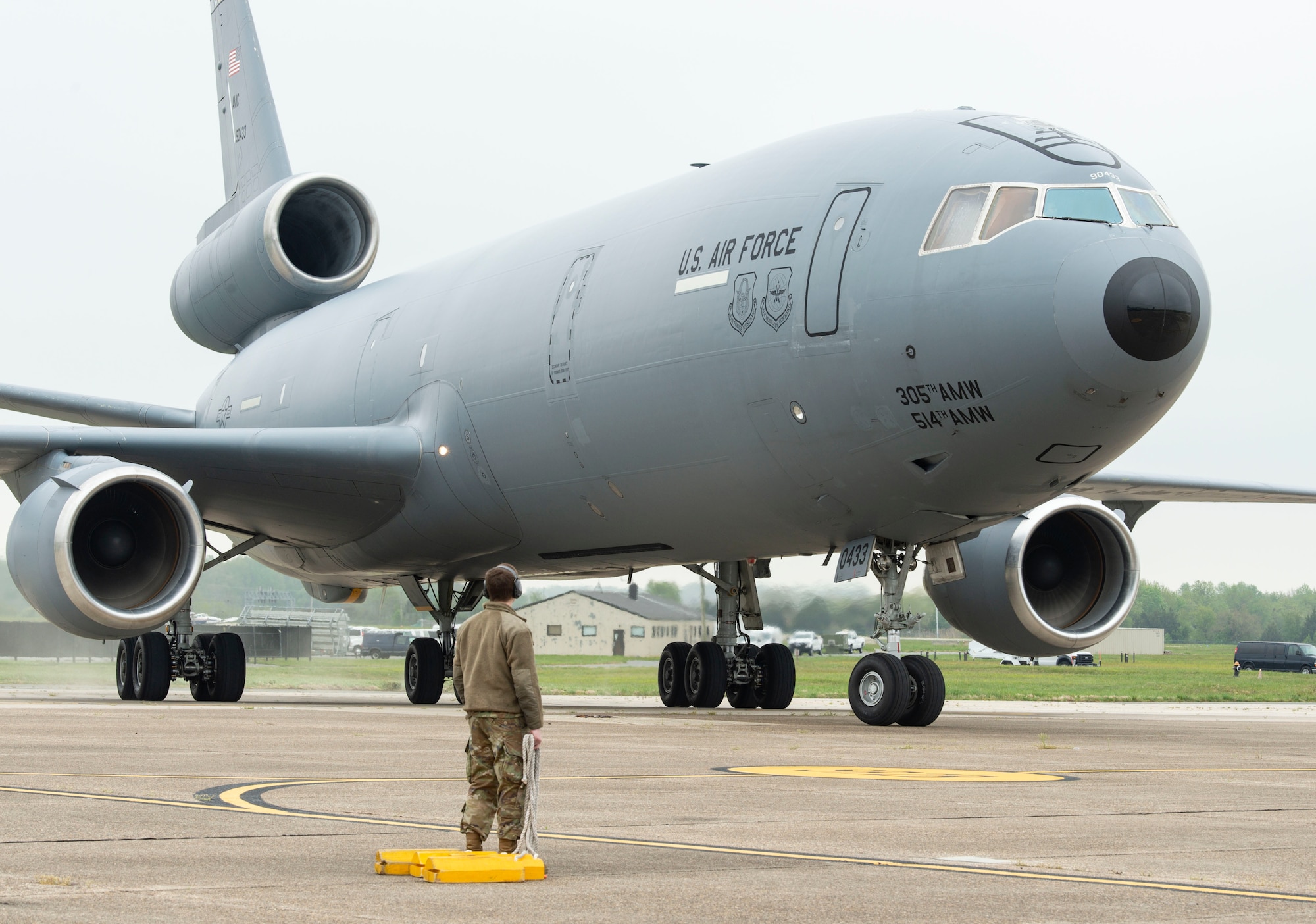 KC-10A Extender, tail number 79-0433, taxis to a parking spot near the Air Mobility Command Museum on Dover Air Force Base, Delaware, April 26, 2022. This particular aircraft was the first of 60 Extenders that entered the U.S. Air Force inventory. The aircraft was retired to Dover AFB from Joint Base McGuire-Dix-Lakehurst, New Jersey, to become the 36th addition to the AMC Museum. (U.S. Air Force photo by Roland Balik)