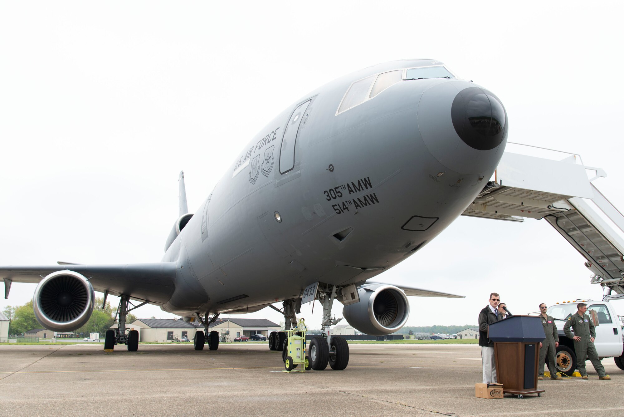 Stuart Lockhart, 305th Air Mobility Wing historian, speaks to attendees after the arrival of a KC-10A Extender at the Air Mobility Command Museum on Dover Air Force Base, Delaware, April 26, 2022. This particular aircraft was the first of 60 Extenders that entered the U.S. Air Force inventory. The aircraft was retired to Dover AFB from Joint Base McGuire-Dix-Lakehurst, New Jersey, to become the 36th addition to the AMC Museum. (U.S. Air Force photo by Roland Balik)