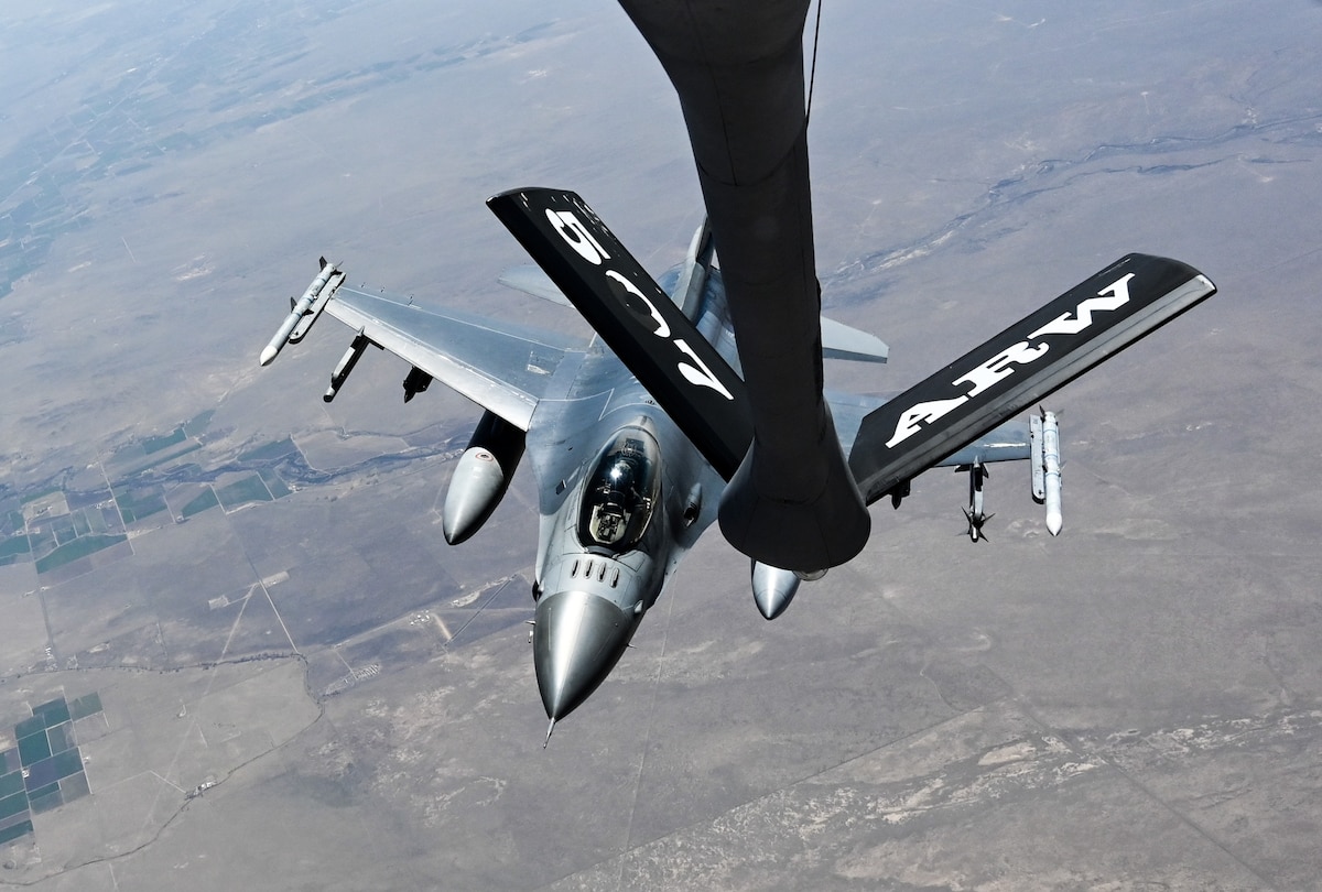 An F-16 Fighting Falcon from the 457th Fighter Squadron, Naval Air Station Joint Reserve Base Fort Worth, Texas, prepares to refuel with a KC-135 from the 465th Air Refueling Squadron, Tinker Air Force Base, Okla. The 507th Air Refueling Wing's mission is to organize, train and equip Combat-Ready Citizen Airmen to provide strategic deterrence and global capabilities. (U.S. Air Force photo by 2nd Lt. Mary Begy)