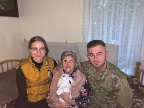 Airman 1st Class Davyd Bielykh and his wife, Lena, visit with his great-grandmother, Nina Logyn. “She lives now in California, but has been through World War II, holocausts and Holodomor. She is still alive, at 92 years old,” he says, adding she moved to the U.S. when she was 83 or 84. Contributed photo