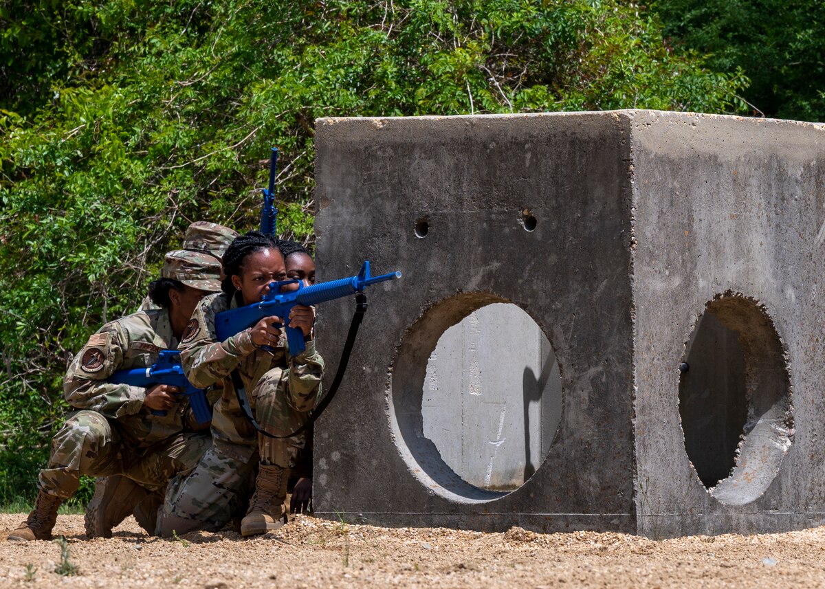 Air Force ROTC cadets from North Carolina Agricultural and Technical State University Det. 605, participate in small-unit tactics during field day training at Seymour Johnson Air Force Base, North Carolina, April 21, 2022.