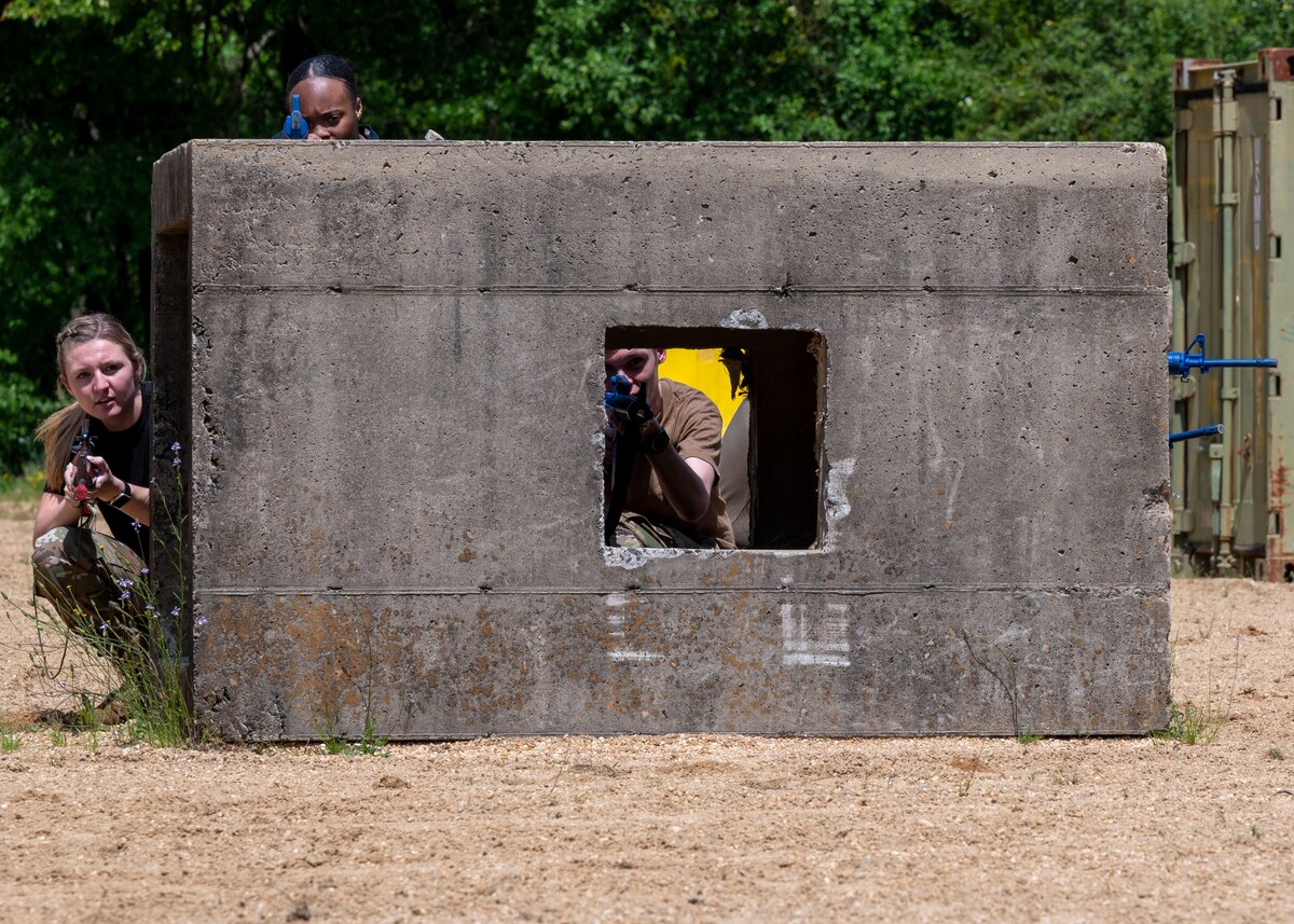 Air Force ROTC cadets from North Carolina Agricultural and Technical State University Det. 605, participate in small-unit tactics during field day training at Seymour Johnson Air Force Base, North Carolina, April 21, 2022.