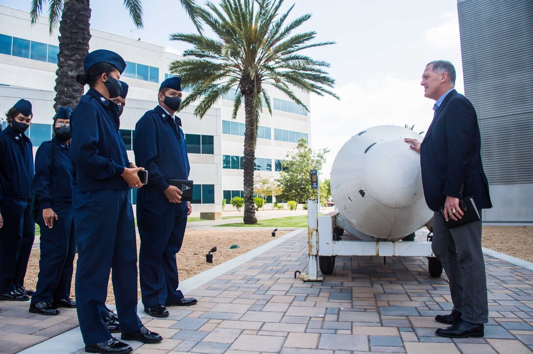 Twenty-six U.S. Air Force Junior Reserve Officer Training Corps cadets from John F. Kennedy High School in Tamuning, Guam, visited Space Systems Command on Wednesday, April 27.
The cadets, several of whom had never left Guam before, arrived in California on Monday in preparation for Saturday’s Golden Bear West Coast National Drill Meet competition in Torrance.