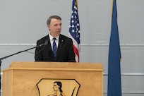 Vermont Governor Phil Scott addresses members of the 158th Fighter Wing and their families during a deployment ceremony at the Vermont Air National Guard Base, South Burlington, Vermont, Thursday, April 28th, 2022. The ceremony recognizes the sacrifices of Airmen and their families ahead of the 158th fighter wing’s deployment to Europe. (U.S. Air Force photo by Tech. Sgt. Richard Mekkri)