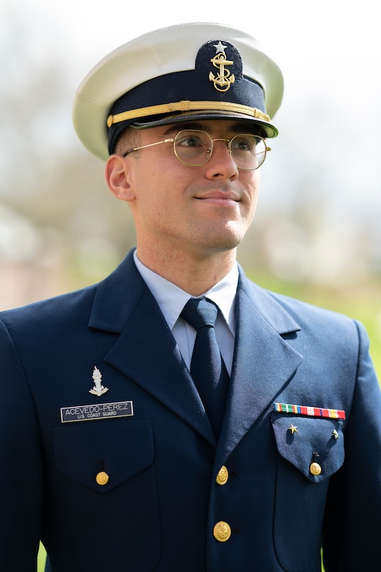 U.S. Coast Guard Academy cadet 1/c Juan Acevedo-Perez poses for an environmental portrait, here, April 27. Acevedo-Perez was being celebrated for his outstanding academic and military performance during his four year cadet experience. (U.S. Coast Guard photo by Petty Officer 3rd Class Matthew Abban)