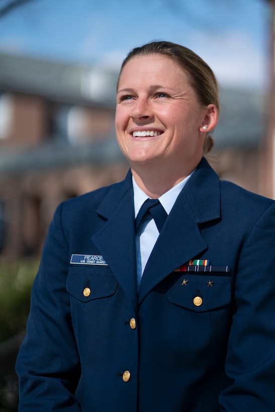 U.S. Coast Guard Academy cadet 1/c Brielle Pearce poses for an environmental portrait, here, March 16. Pearce was being celebrated for her outstanding academic and military performance during her four year cadet experience. (U.S. Coast Guard photo by Petty Officer 3rd Class Matthew Thieme)