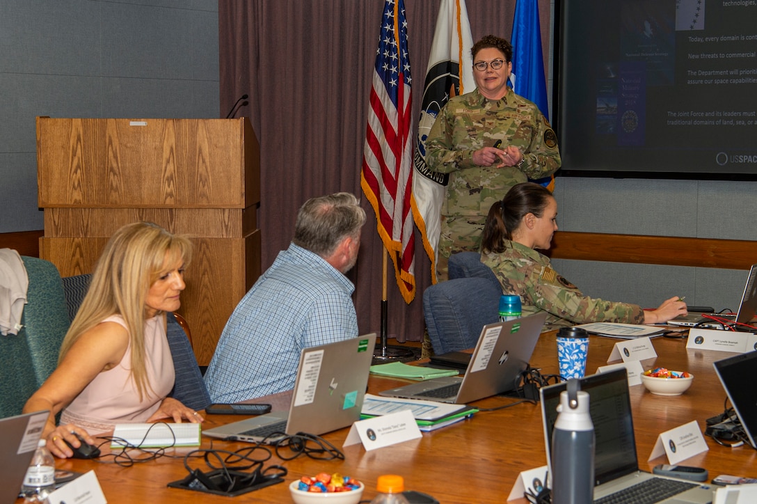 U.S. Air Force Col. Ingrid Ford, U.S. Space Command command surgeon, addresses attendees of the inaugural Joint Space Medicine Forum, April 27, 2022, at Peterson Space Force Base, Colo. Ford spoke to the participants about the importance of creating a common vernacular for space medicine, sharing expertise on the domain and developing a network of medical experts in the space community. USSPACECOM collaborates with academic institutions to assist, analyze and develop recommendations and potential solutions to complex challenges in the space domain.  (U.S. Space Command photo by Mass Communication Specialist 1st Class John Philip Wagner, Jr)