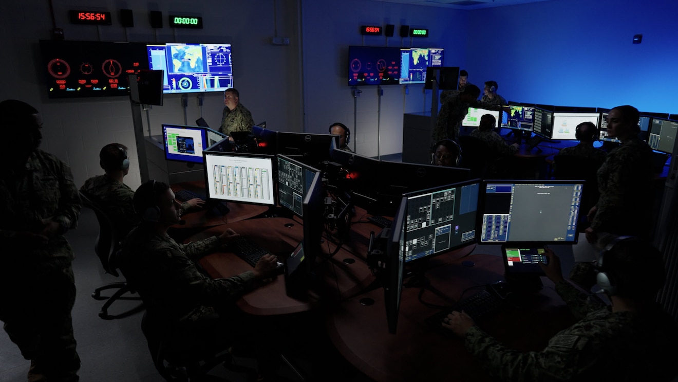 NORFOLK, Va. (Nov. 21, 2021) Sailors train in the Surface Combat Systems Training Command (SCSTC) Hampton Roads’ Anti-Submarine Warfare (ASW) Tactical Employment Trainer (ATET) onboard Naval Station Norfolk. The trainer was funded by Director, Surface Warfare’s (OPNAV N96) program of record, Surface Training Advanced Virtual Environment-Combat Systems (STAVE-CS), which was introduced in 2015 as a means to provide better quality training resulting in more rapid qualifications of our Sailors. (U.S. Navy photo courtesy Surface Combat Systems Training Command Hampton Roads)