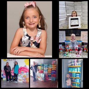 Photo collage of 7 year old girl standing with boxes of donations she collected for her community.