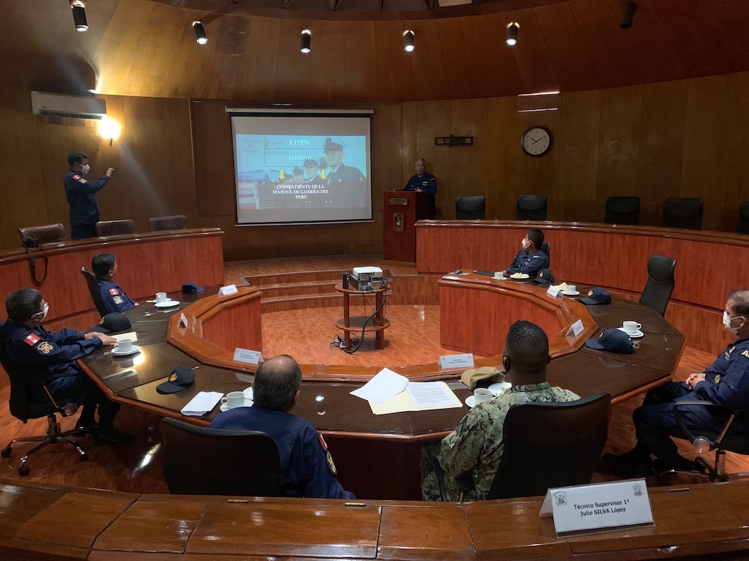 U.S. Naval Forces Southern Command/U.S. 4th Fleet Command Master Chief Robert Florentino, second from right, attends an enlisted leader development (ELD) meeting with Peruvian senior enlisted leadership, Oct. 4, 2021. U.S. Naval Forces Southern Command/U.S. 4th Fleet supports U.S. Southern Command’s joint and combined military operations by employing maritime forces in cooperative maritime security operations to maintain access, enhance interoperability, and build enduring partnerships in order to enhance regional security and promote peace, stability and prosperity in the Caribbean, Central and South American region.