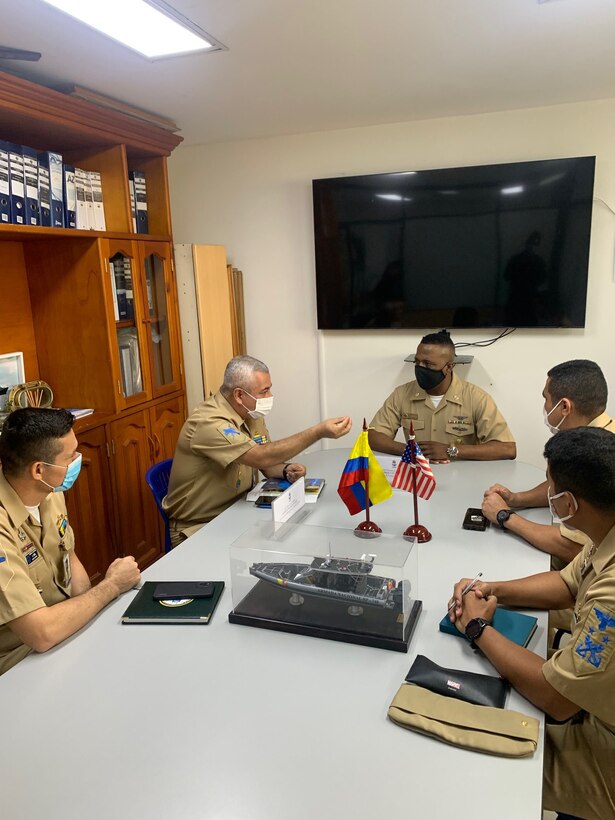 U.S. Naval Forces Southern Command/ U.S. 4th Fleet Command Master Chief Robert Florentino, center, attends an enlisted leader development (ELD) meeting with the Colombian Force Master Chief Henry Rolan and Colombian master chiefs, Jan. 17, 2021. U.S. Naval Forces Southern Command/U.S. 4th Fleet supports U.S. Southern Command’s joint and combined military operations by employing maritime forces in cooperative maritime security operations to maintain access, enhance interoperability, and build enduring partnerships in order to enhance regional security and promote peace, stability and prosperity in the Caribbean, Central and South American region.