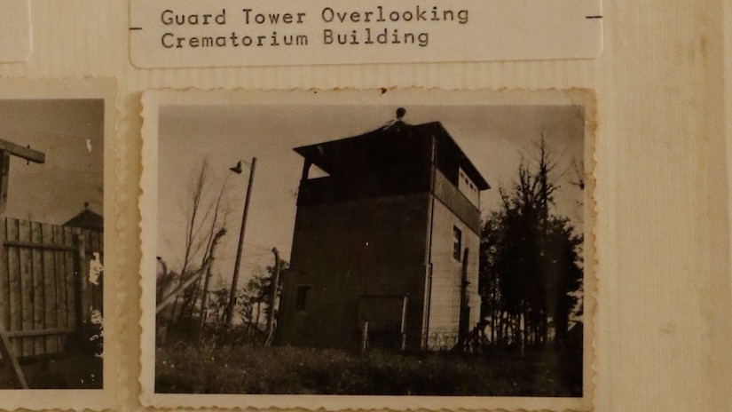Photo of guard tower overlooking crematorium building at Buchenwald concentration camp