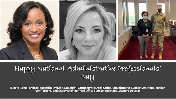 (L to R) Paralegal Specialist Evelyn J. McLaurin, Caruthersville Area Office Administrative Support Assistant Jennifer "Jen" Brooks, and Ensley Engineer Yard Support Assistant Lekendra Douglas. We appreciate them daily, but today (April 27, 2022) is the designated “National Administrative Professionals’ Day!” So, please make sure you thank your admin pro a few more times than you usually would (like, 20 times more, at least).
