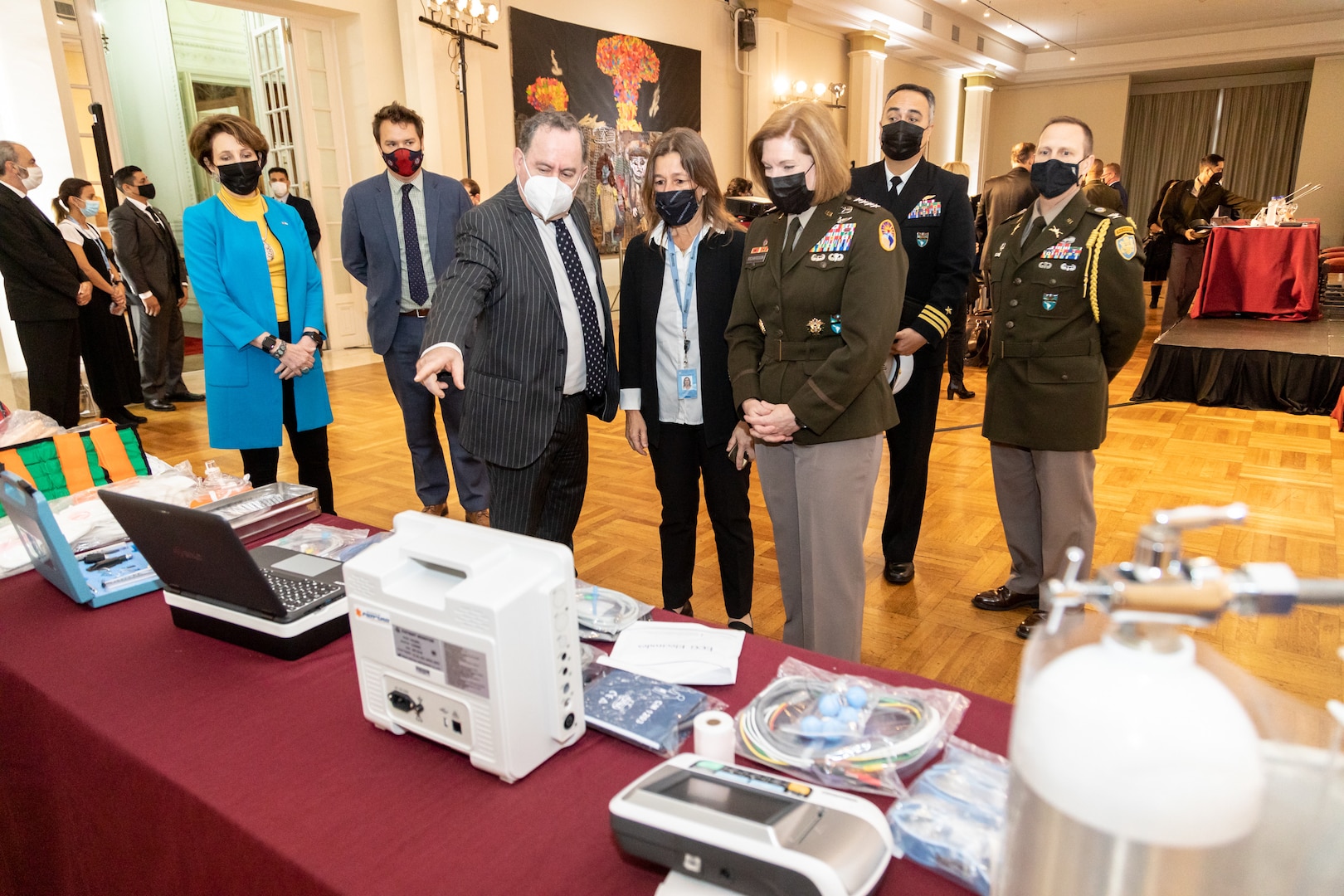 The commander of U.S. Southern Command, Army Gen. Laura Richardson, is shown medical equipment that was donated by the United States to the Argentine humanitarian agency, the White Helmets.