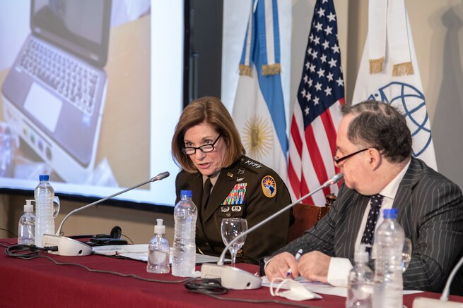The commander of U.S. Southern Command, Army Gen. Laura Richardson, speaks during a ceremony where the United States donated medical equipment to the Argentine humanitarian agency, the White Helmets.
