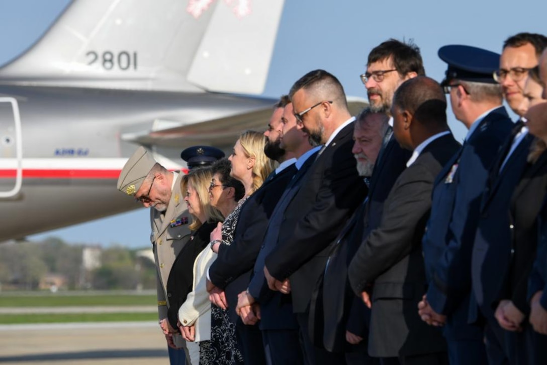 U.S. Air Force and Czech Republic leadership salute the 2801 Czech Air Force Airbus as it departs during the dignified transfer of Brigadier Gen. František Moravec at Joint Base Andrews, Md., April 25, 2022. Moravec’s remains will be transported to his home country of the Czech Republic, where he will be laid to rest. (U.S. Air Force photo by Senior Airman Bridgitte Taylor)