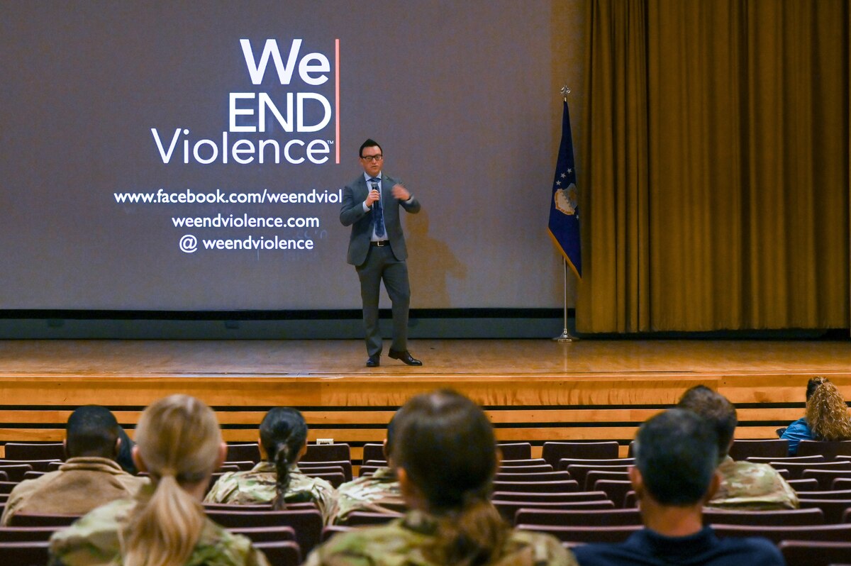 Jeff Bucholtz, founder of We End Violence, speaks on resilience during the Sexual Assault Prevention and Response Office resiliency training event April 27, 2022, at Hill Air Force Base, Utah