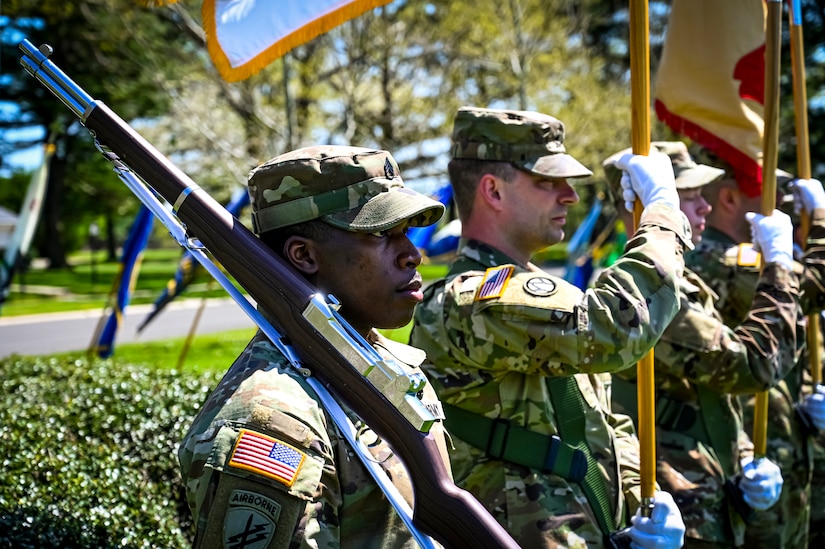 U.S. Army Soldiers assigned to Army Support Activity Fort Dix perform ceremonial customs as part of the honor guard during a change of responsibility on April 29, 2022, at Joint Base McGuire-Dix-Lakehurst, N.J. The ceremonial event was held to symbolize the transition of authority from Command Sgt. Maj. Tamara Edwards to Command Sgt. Maj. James Van Zlike. A change of responsibility ceremony is a traditional event meant to reinforce noncommissioned officer authority in the U.S. Army and highlights their support to the chain of command.