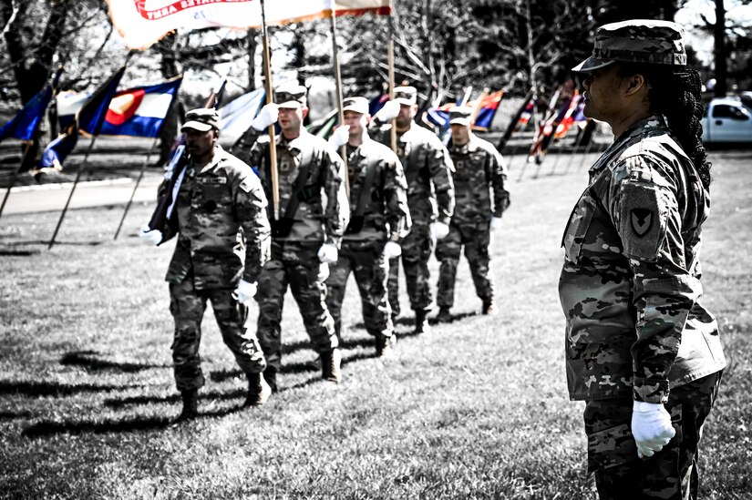 U.S. Army Soldiers assigned to Army Support Activity Fort Dix perform ceremonial customs as part of the honor guard during a change of responsibility on April 29, 2022, at Joint Base McGuire-Dix-Lakehurst, N.J. The ceremonial event was held to symbolize the transition of authority from Command Sgt. Maj. Tamara Edwards to Command Sgt. Maj. James Van Zlike. A change of responsibility ceremony is a traditional event meant to reinforce noncommissioned officer authority in the U.S. Army and highlights their support to the chain of command.