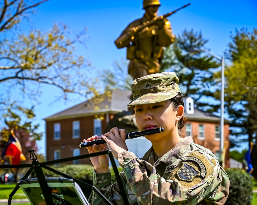 U.S. Army Soldier assigned to the 78th Army Band performs during a change of responsibility on April 29, 2022, at Joint Base McGuire-Dix-Lakehurst, N.J. The ceremonial event was held to symbolize the transition of authority from Command Sgt. Maj. Tamara Edwards to Command Sgt. Maj. James Van Zlike. A change of responsibility ceremony is a traditional event meant to reinforce noncommissioned officer authority in the U.S. Army and highlights their support to the chain of command.