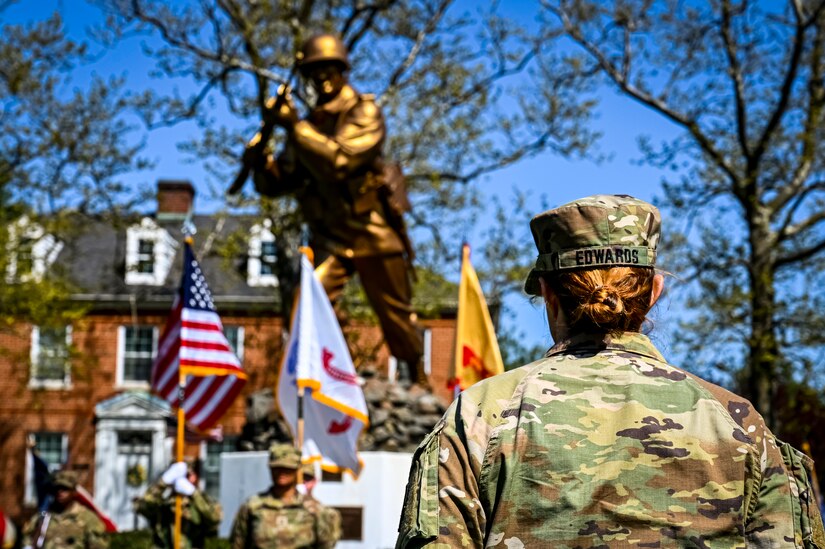 U.S. Army Command Sgt. Maj. Tamara Edwards, Army Support Activity Fort Fix, command sergeant major, acts in a change of responsibility on April 29, 2022, at Joint Base McGuire-Dix-Lakehurst, N.J. The ceremonial event was held to symbolize the transition of authority from Command Sgt. Maj. Tamara Edwards to Command Sgt. Maj. James Van Zlike. A change of responsibility ceremony is a traditional event meant to reinforce noncommissioned officer authority in the U.S. Army and highlights their support to the chain of command.