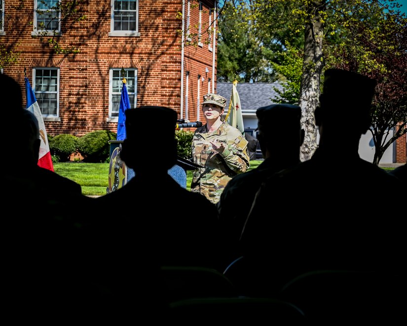 U.S. Army Command Sgt. Maj. Tamara Edwards, Army Support Activity Fort Fix, command sergeant major, speaks during a change of responsibility on April 29, 2022, at Joint Base McGuire-Dix-Lakehurst, N.J. The ceremonial event was held to symbolize the transition of authority from Command Sgt. Maj. Tamara Edwards to Command Sgt. Maj. James Van Zlike. A change of responsibility ceremony is a traditional event meant to reinforce noncommissioned officer authority in the U.S. Army and highlights their support to the chain of command.