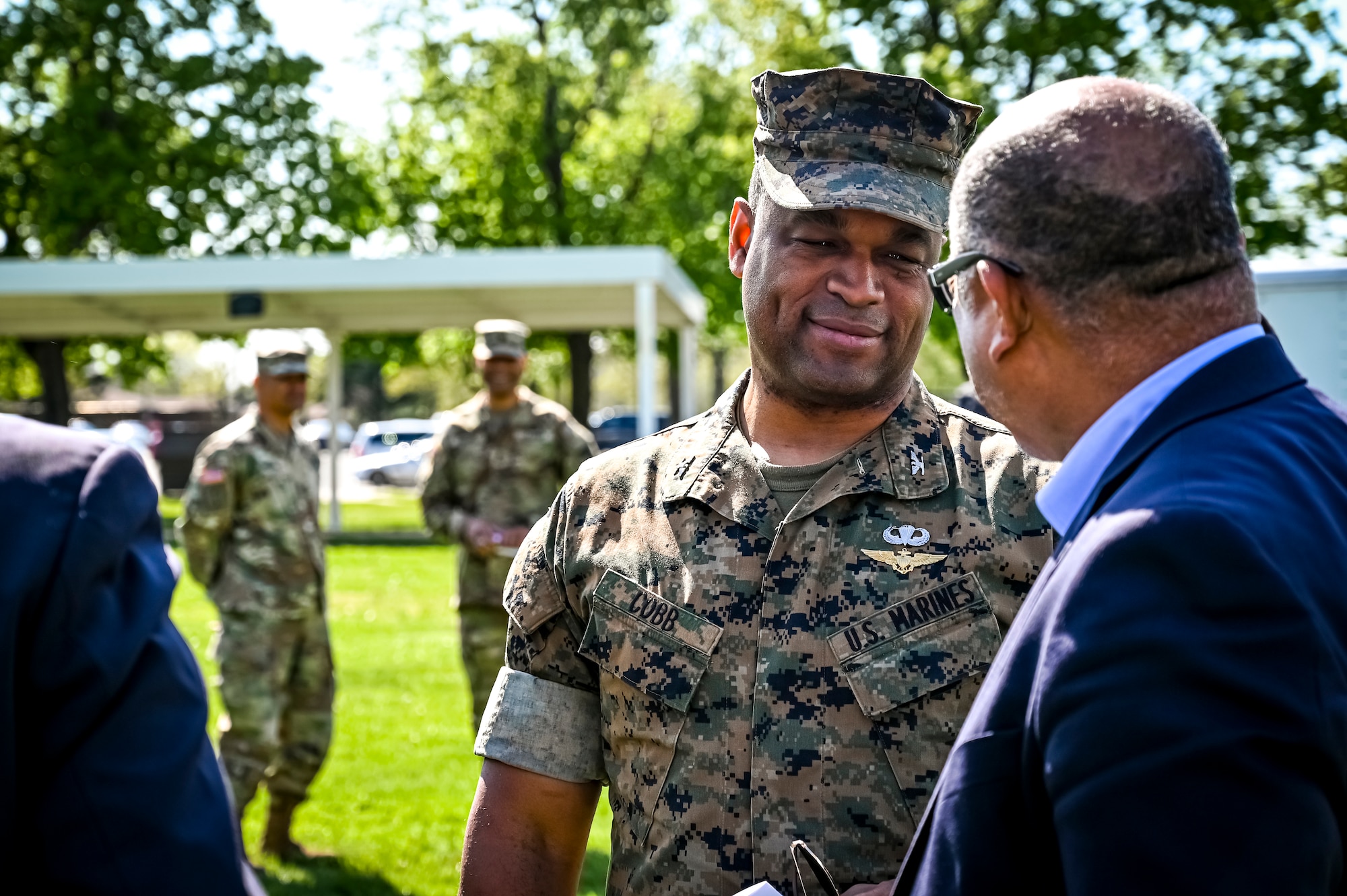 U.S. Marine Corps. Col. Llonie Cobb, Marine Aircraft Group 49, commander, attends a change of responsibility on April 29, 2022, at Joint Base McGuire-Dix-Lakehurst, N.J. The ceremonial event was held to symbolize the transition of authority from Command Sgt. Maj. Tamara Edwards to Command Sgt. Maj. James Van Zlike. A change of responsibility ceremony is a traditional event meant to reinforce noncommissioned officer authority in the U.S. Army and highlights their support to the chain of command.