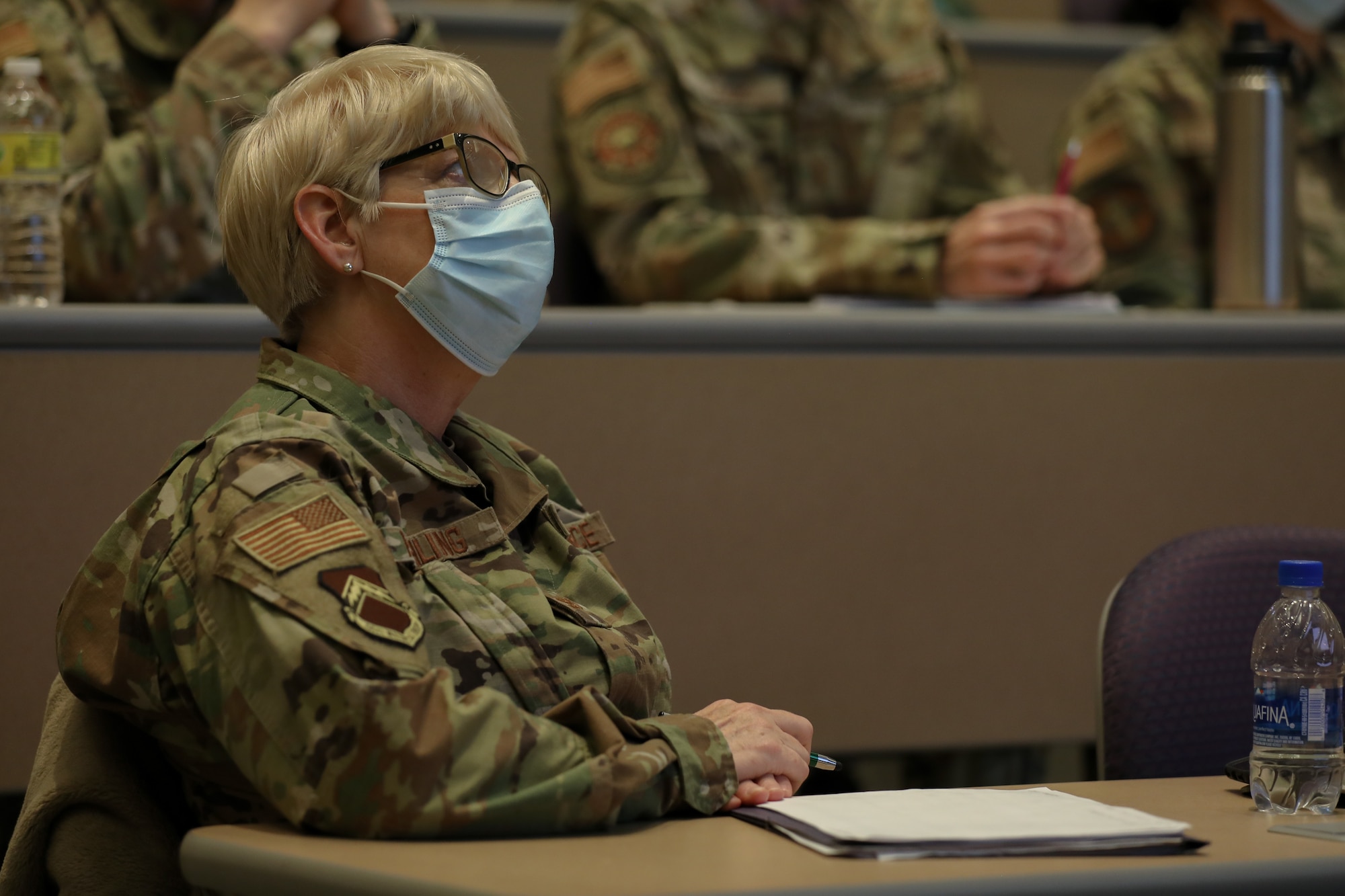 U.S. Air Force Col. Colleen Frohling, the officer in charge of a U.S Air Force medical team assigned to Luke Air Force Base, Arizona, attends a joint reception, staging, onward movement and integration brief to discuss mission expectations and operational procedures while supporting COVID response operations at University of Rochester Medical Center, Rochester, New York, Feb.12, 2022.
