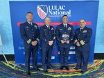 Chief Petty Officer George Soto, offload coordinator for the Coast Guard’s Seventh District, is shown with his 2022 Excellence in Service Award for the Coast Guard, along with nominating officers Master Chief Petty Officer Mike Hvozda, Sector San Juan command master chief, Capt. Robert Pirone, Sector San Juan deputy commander, and event guest Lt. Cmdr. Chuck Wilson, commanding officer of the Coast Guard Cutter Joseph Doyle at the 93rd League of United Latin American Citizens National Convention and Exposition in San Juan, Puerto Rico, July 28, 2022. Soto, a native from Bayamon, Puerto Rico, was honored at the event during the Defenders of Freedom Breakfast in the Puerto Rico Convention Center. (Courtesy photo by Jeanette Perez)