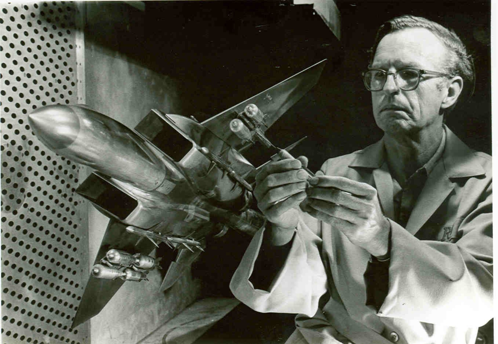 Test facility craftsman Jack Culpepper adjusts a model of the F-15 Eagle before it undergoes aerodynamic testing in the mid-1970s in the 4-foot transonic wind tunnel at Arnold Air Force Base, Tennessee, headquarters of Arnold Engineering Development Complex. The Air Force recently celebrated the 50th anniversary of the F-15’s deployment. Models of the aircraft, engines and other F-15 components have frequently been tested by AEDC over the past 50 years. (U.S. Air Force photo)