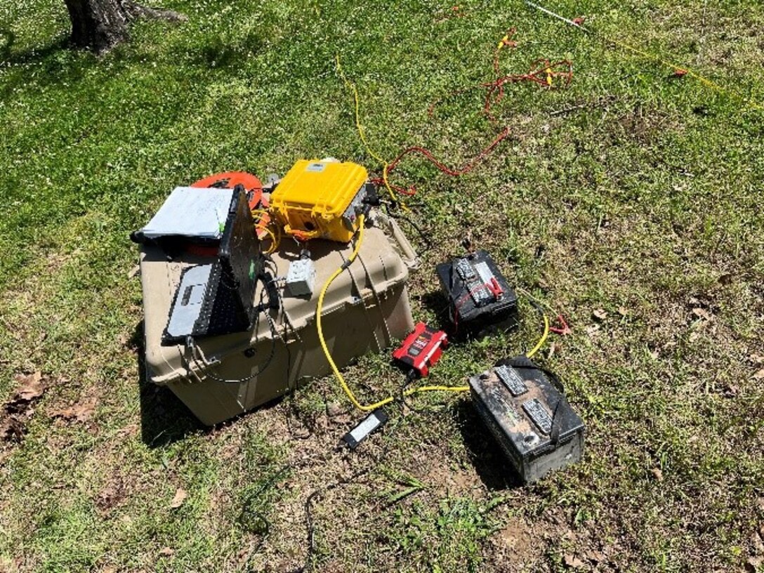 Field computer setup to collect a Multichannel Analysis of Surface Waves (MASW) survey.