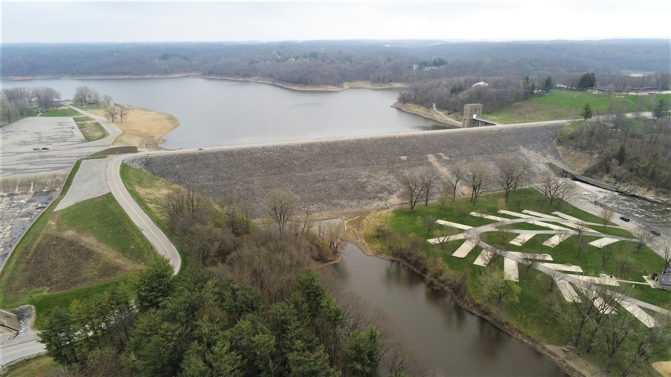 Aerial view of Coralville Lake dam and reservoir.