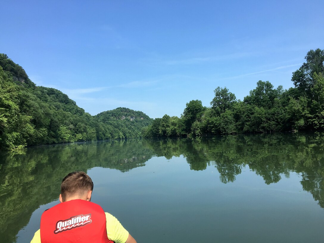 Safety Officer John Schnebelen Sr. took this photo June 9, 2018, of the magnificent Cumberland River with his grandson Zander Poulton in the foreground during a team building voyage of the Cumberland River during the 130th year anniversary of the U.S. Army Corps of Engineers Nashville District. (USACE Photo by John Schnebelen)